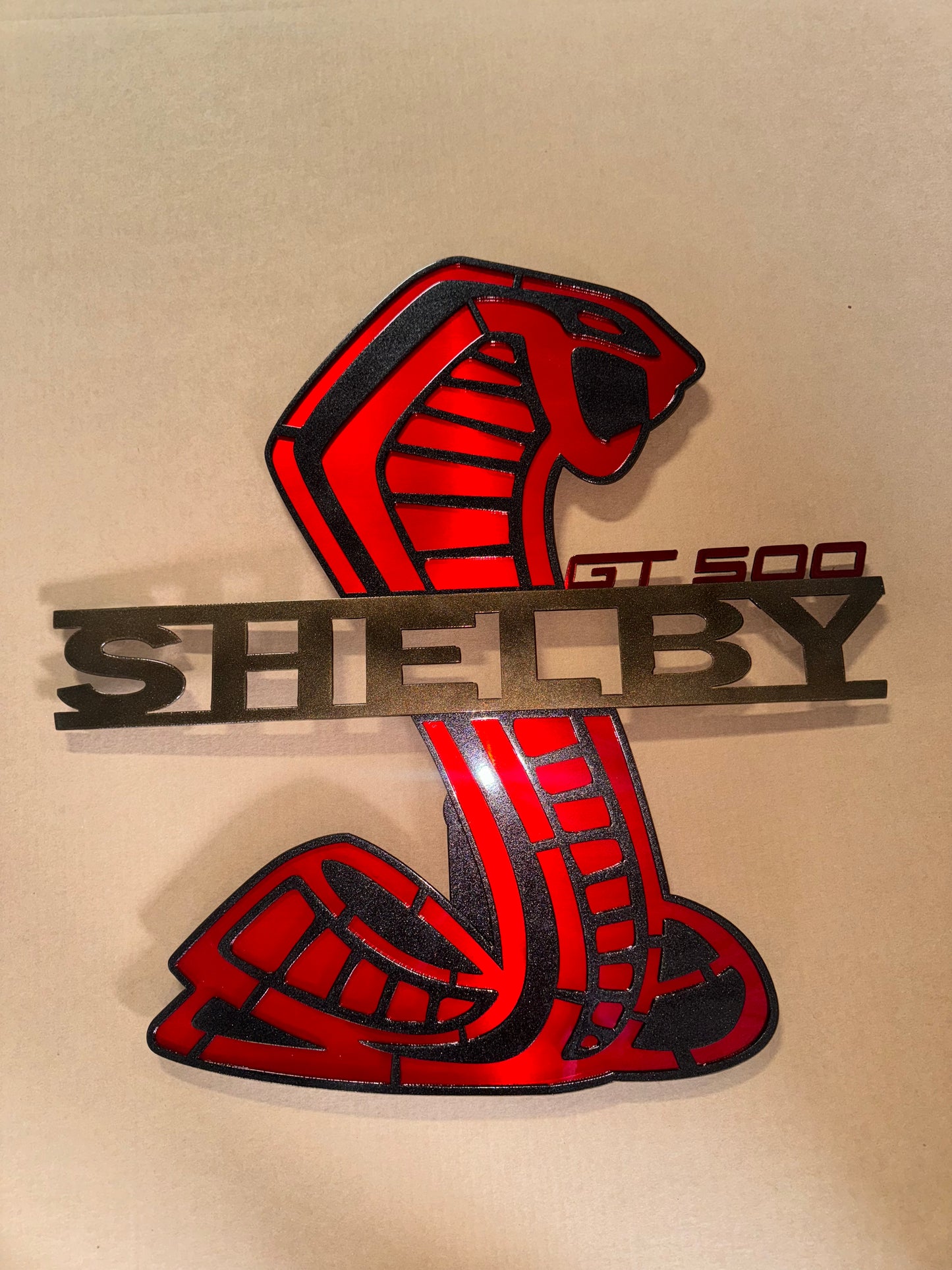 Custom Shelby gt500 hood prop, black / rapid red with bronze SHELBY lettering