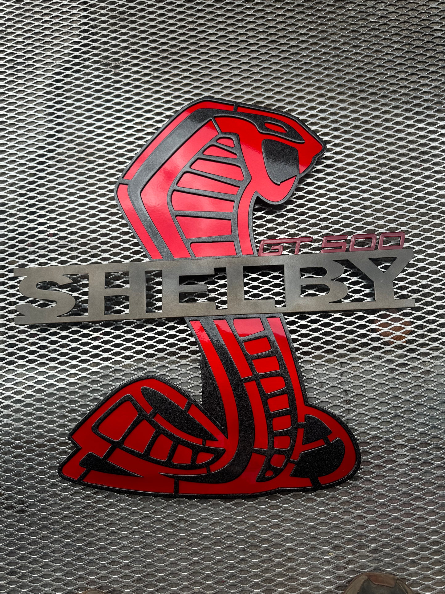 Custom Shelby gt500 hood prop, black / rapid red with bronze SHELBY lettering